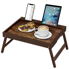 Bamboo Breakfast Tray with Foldable Legs & Detachable Stand | Ergonomic Handle | Portable Bed Tray for Eating, Working, Laptop, Tablet, and Phone（Vintage Walnut）