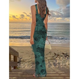 Lrady Women's Two Piece Skirt Sets Beach Formal Wedding Guest Sleeveless Peplum Ruffle Party Maxi Bodycon Dress Outfits, Floral Print Dark Green, Small