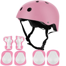 Protecciones Patines Para Bicicleta Niño, Niños Ciclismo Rodillo Patinaje Rodilla, Rodilleras + Muñequeras + Casco de Patinaje de Niños – Rosa/Tamaño Ajustable (55-65CM), Apto Para Monopatín, Ciclismo, Mini Bike Riding Y Otros Deportes Extremos