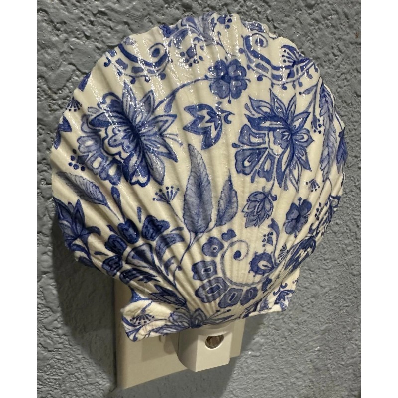 Blue Floral Nightlight Scallop Shell Coastal Decoupage Shell Art -
