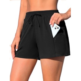 ATTRACO Swimming Shorts for Women with Zip Pocket Swim Trunk Mesh Side Board Shorts Black 3XL