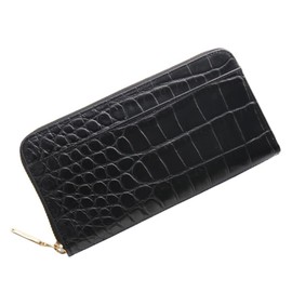 Sankyo Shokai Women's Men's Long Wallet, Crocodile Embossed Leather, Made in Italy, Leather, Round Zipper, Brass Hardware, Black