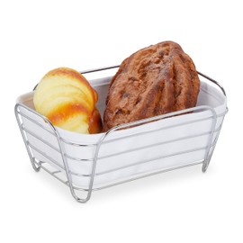 Relaxdays Bread Basket Metal with Fabric Insert, Square, Breakfast Basket for Bread and Rolls, H x D: 10 x 23.5 x 17 cm, White