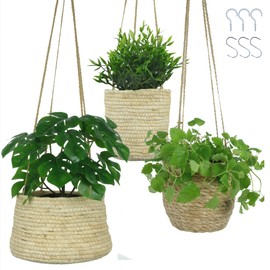 alma home 3 x Hanging Flower Pot, Hanging Baskets Set, Natural as Hanging Basket, Indoor Hanging Basket, Boho Decoration or Storage Basket, 17-20 cm