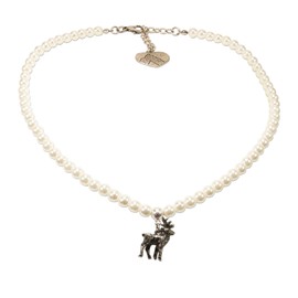 Alpenflüstern DHK239 Pearl Costume Necklace Deer Small Women's Costume Jewellery Dirndl Necklace in Black and Cream White, Metal, Pearl