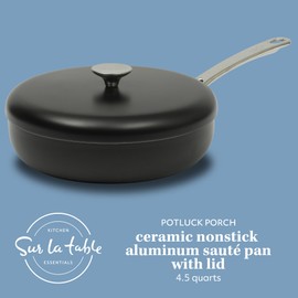 Sur La Table Kitchen Essentials Potluck Porch 4.5 Quart Sauté Pan, Deep Frying Pan Skillet w/Lid Aluminum PFA Free Ceramic Cookware Chef's Pan, Omelet Pan - Induction - Black