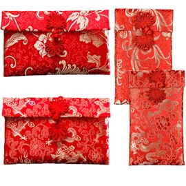 VTOS Chinese Red Silk Bag, 4 Pcs Silk Red Envelopes with Chinese Knot Lucky Money Pocket Hong Bao Holder for Wedding, 2025 New Year, Spring Festival, Birthday Gift Bags