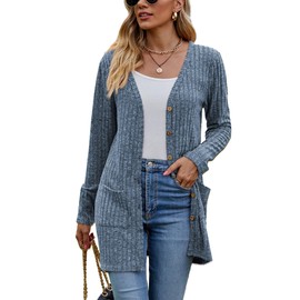 Famulily Women's Long Sleeve Open Front Cardigans, Button Down V Neck Lightweight Outwear Pullover with Pockets, blue