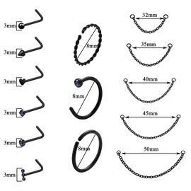 Kiethleasa 20G Nose Ring Nose Piercing Chain Stainless Steel Across Nose Nostril Jewelry with CZ Nose Hoop Bone Screw L Shaped Nose Ring Stud for Women Men High Nostril Bridge Nose Jewelry, Stainless