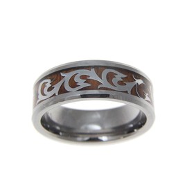 Arthur's Jewelry Genuine inlay Hawaiian koa wood shiny scroll band ring tungsten comfort fit 8mm size 10