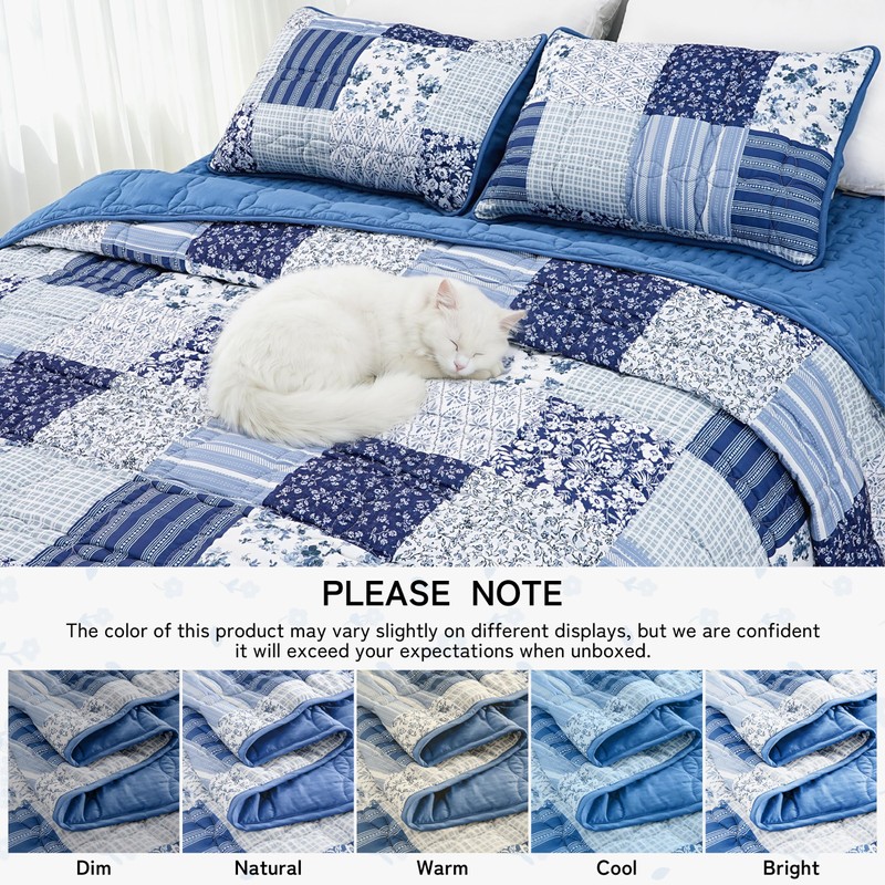 Full Queen Size Quilt Set Blue Floral Bedding Set 3-Piece