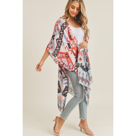 Bohemian Kimono Long Cardigan - Beachwear Bathing Swimsuit Bikini Cover Kaftan Abstract (Kimono Cardigan - Aztec Dusky Blue)