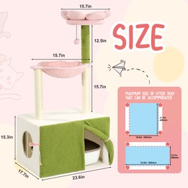 HOMBYS Flower Cat Tree with Litter Box 46 Inch Cattree for Indoor Cats with Storage Cabinet and Cat Hammock, Soft Fleece Surface, Sisal Cat Scratching Post and Plush Balls, All-in-one Cat Furniture