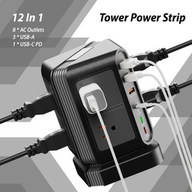 Power Strip Tower Surge Protector Multiple 12 Outlets(8xAC,3xUSB A,1xPD20W USB C),Desktop Charging Station with 6.5FT Extension Cord,Vertical Power Strip for Home Office Nightstand,Dorm Room (Black)