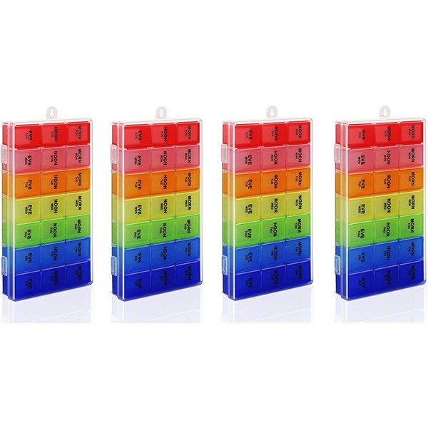Rainbow Weekly Pill Organizer with Snap Lids| 7-Day AM/PM | Detachable Compartments for Pills, Vitamin. (Rainbow 4pcs)