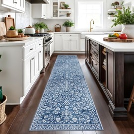 SILOLOOM Vintage 2.6x10 Hallway Runner, Denim Blue White Washable Non-Slip Long Hallway Carpet, Super Soft Kitchen Runner, Print Faux Wool Floral Thin Carpet for Entryway