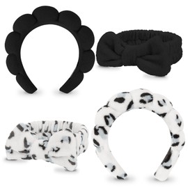 Wecoe 4pcs Skincare Headband For Washing Face Spa Makeup Face Wash Bow Headband Cute Black White Leopard Printed Puffy Microfiber Sponge Bubble Headband Hair Accessories Women Girls Kids Teens Gifts