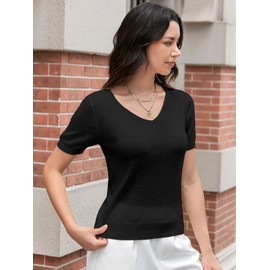 DAIMIDY Women's V Neck Sweaters Short Sleeve Summer Sweaters for Women Lightweight Knit Pullover Tops Black, US XL