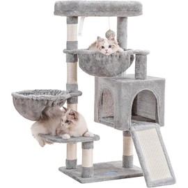 Hey-brother Cat Tree, Cat Tower for Indoor Cats, Cat House with Large Padded Bed, Cozy Condo, Hammocks, Sisal Scratching Posts, Big Scratcher, Light Gray MPJ006SW