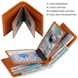 VISOUL Slim Bi-fold Wallet for Men and Women with 4 ID Windows 8 Card Slots 1 Cash Compartment, Leather Credit Card Holder Wallet Two Tone with RFID Blocking, Brown, Casual