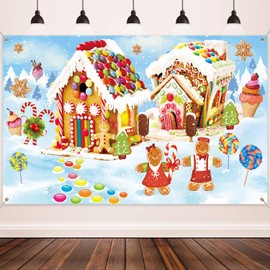 Christmas Holiday Decorations Supplies, Large Fabric Sweet Holiday Scene Banner Winter Wonderland Gingerbread Backdrop for Christmas Wall Decorations Party Photo Booth Props Background Banner