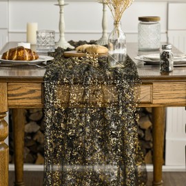 Artoid Mode Black Gold Gauze Table Runner, Glitter Metallic Foil Sheer Chiffon Cheesecloth Dining Holiday Birthday Table Decor for Home Party 28x120 Inch