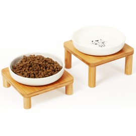 DoogCat Elevated Cat Bowls for Indoor Cats – Raised Bamboo Cat Bowl Stand with 5.75 Inch Wide Ceramic Dishes, Pet Food Plate Table for Easy Feeding, Whisker Friendly(White,Set of 2)