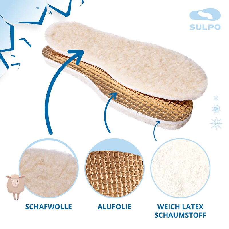 SULPO 2 Pairs Winter Insoles - Soft Warm 100% Sheep's