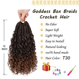 Goddess Box Braids Crochet Hair for Woman 12 Inch 7packs Short Pre-looped Crochet Box Braids Curly Ends Bohemian Hippie Braids Synthetic Braiding Hair Extension (T30)