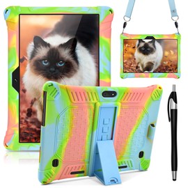 DETUOSI Case for YELLYOUTH 10.1 Tablet, Soft Silicone Lightweight Cover Compatible with Dragon Touch Notepad K10, ZONKO 10.1, Beyond Tab 10.1, Lectrus 10.1, [Stylus Pen & Strap], Orange Pink & Blue