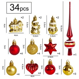 Set of 34 Christmas Baubles with Tree Topper, Diameter 3/4.5/5.5 cm, Small Christmas Tree Baubles, Plastic, Red Gold Baubles, Mini Christmas Decoration, Table Decoration, Christmas Tree Decoration