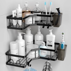AKTECKE Corner Shower Caddy Shelf Rack: 2 Pack Adhesive Shower Organizer Essentials - No Drilling Stainless Steel Shower Storage Rack with Hooks and Toothpaste Holder - Bathroom Accessories