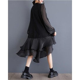 ellazhu Women's Dress Loose Oversize Casual Patchwork Drawstring Crewneck Mid Length Baggy GZ341 Black