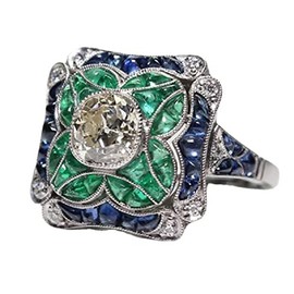 ASFKIPMF 925 Sterling Silver Vintage Emerald Ring with Blue Sapphire and White Topaz - Women's & Men's Retro Square Diamond Ring, Size V1/2