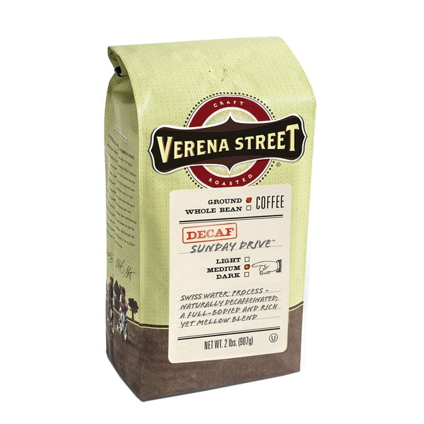 Verena Street 2 Pound Ground Coffee, Swiss Water Process Decaf Coffee, Sunday Drive Decaffeinated, Medium Roast Rainforest Alliance Certified Arabica Coffee