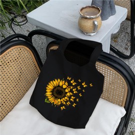 KIEKIECOO Cute Floral Canvas Tote Bag Aesthetic Sunflower Graphic Canvas Bags With Handles Reusable Shopping Bag(Black)