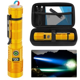 Rechargeable Flashlight High Lumens- Super Bright Magnetic Flash Light with Power Digital Display,3280Ft Long Range,Dimmable,Waterproof,Pocket Tactical LED Flashlights for Emergency,Gold 1PC