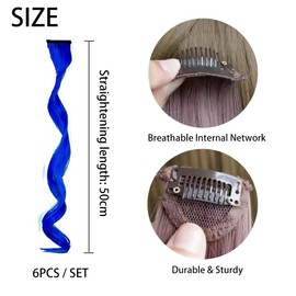 6Pcs Colored Clip in Hair Extensions,Gemstone Blue Hair Tinsel Clip,Colorful Party Highlights Hair Tinsel,Curly Hair Tinsel Clip,Rainbow Hair Accessories