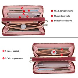BVEOGMRO Women’s Wallet RFID Blocking Large Capacity Purse Leather Long Clutch Double Zip Around Credit Card Holder with Wristlet