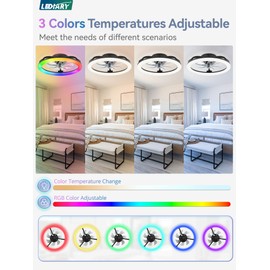LEDIARY RGB Low Profile Ceiling Fans with Lights and Remote, 20 Inch Dimmable Modern Fan Light(3000K-6000K), 6 Speed, Reversible, APP & Remote Control, Flush Mount Ceiling Fan for Bedroom, Black