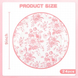 Elyxio - Platos de papel desechables de flores silvestres rosa y blanco, platos redondos de 9 pulgadas, para novia, baby shower, cumpleaños, bodas, fiestas (24, flores rosas)