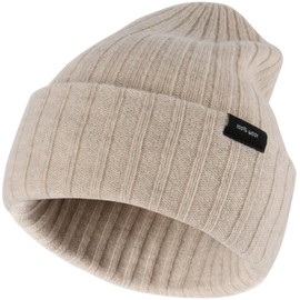 Ababalaya 100% Wool Beanie for Men Women Windproof Double Layer Super Cozy Knitted Cuffed Beanies Unisex Warm Winter Hat with Ear Protection & Face-Slimming Fit, Oatmeal