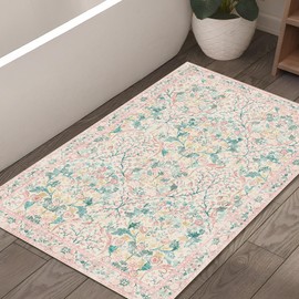 MUJOO 2x3 Washable Rug,Pink Floral Small Area Rugs for Bathroom Entryway Entry Bedroom Bedside,Boho Front Door Mat Indoor Entrance Throw Carpet Botanical Vintage Non Slip Ultra-Thin
