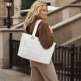 Tote Bag for Women, Quilted Tote Bag with Zipper, Puffer Work Bag with Laptop Compartment, Lightweight Travel Shoulder Bag, Casual Handbag Nurse Bag (Beige)