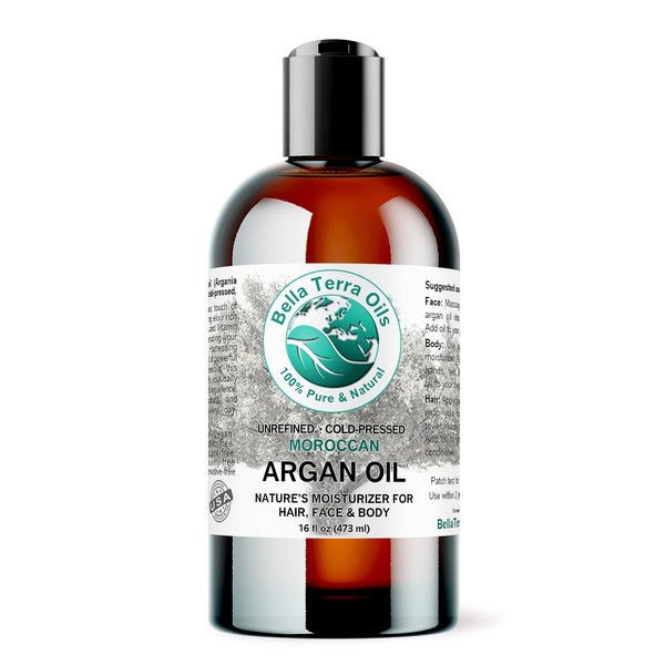 Bella Terra Oils - Argan Oil 16oz - Cold-Pressed & Authentic, Hailing from Morocco's Argan Forests, Ideal Body & Face Oil, Keeps Frizz at Bay