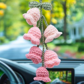 MEAJOO Car Mirror Hanging Accessories, Rear View Mirror Accessories Hanging Decor, Cute Bellflower Hand Knitted Car Pendant Suitable for Key Chains, as Gifts for Women(1 PCS, Gradient Pink)