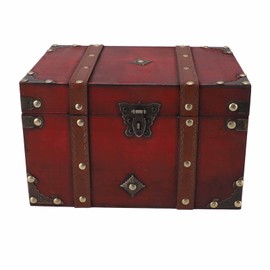 Vintage Wooden Storage Box Antique Decorative Treasure Chest Box Large Exquisite Storage Box Container with Lock for Jewelry Red Coded Lock