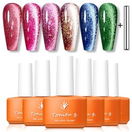 TONITU G · Cat Eye Gel Nail Polish Set 6Pcs Kit, Magnetic Aurora Crystal Green Brown Red Pink UV LED Soak Off for Salon Manicure and Nail Art DIY Gift for Women
