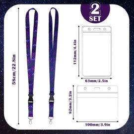 2 Set Lanyard with Card Holder, Neck Strap Flowers Lanyard and Waterproof Transparent Badge Holder for ID Card, Office School Supplies (Galaxy)