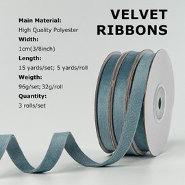 Sifleur Velvet Ribbon, Dusty Blue 3/8 Inch x 15Yd Double Faced Velvet Ribbon for Gift Wrapping, Christmas Tree Ornaments, Hair Bow, Craft, Vase Bouquet Wreaths Decor, Christmas Holiday Party, 3 Rolls